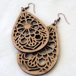 NEW CHERRY WOOD EARRINGS SACRED FLOWER WITH ANTIQUE COPPER HOOKS